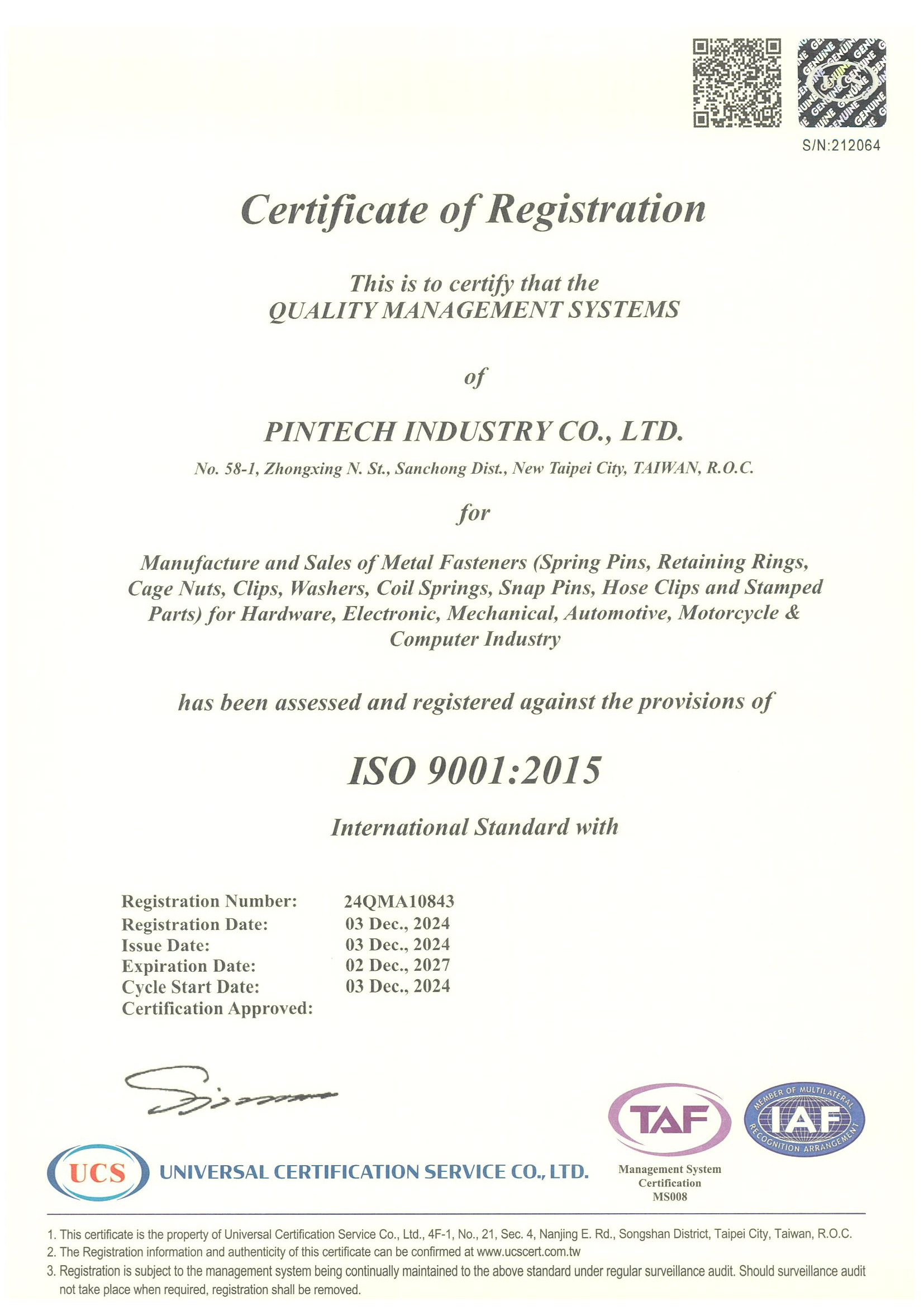 ISO 9001:2015 Cetificate of Registration